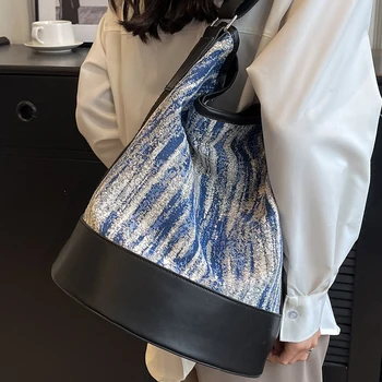 Чанта кофа с голям капацитет, лятна дамска чанта-месинджър от естествена кожа в стил мозайка, Темпераментни универсални чанти през рамо