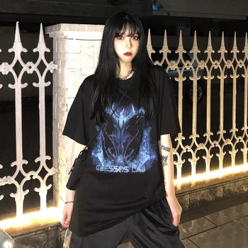 Тениска Оверсайз Harajuku, свободна риза в готически стил с писмото принтом Ulzzang Kawaii y2k, дамски топ, съкратен топ с къс ръкав, тениска