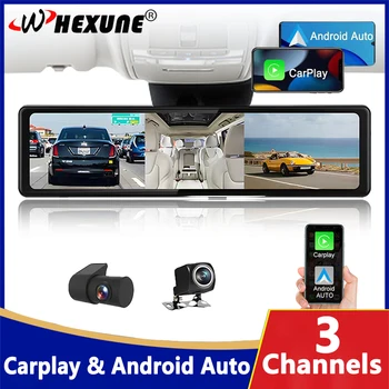 3 camera WIFI Dash Cam Безжичен Carplay и Android Auto 1440P Огледало за обратно виждане GPS Навигатор Автомобилен Видеорекордер за Запис на Видео FM Предаване