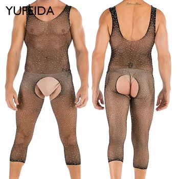 YUFEIDA Екзотичен мъжки чорапи за тяло в окото без ръкави, мъжки гащеризон с отворена промежностью, блестящи дрънкулката, секси боди в рибарска мрежа, бельо за възрастни