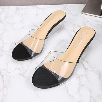 Прозрачен дамски обувки от PVC с високи токчета; Летни Джапанки, без закопчалка с кръгла Отворени пръсти; Пикантен Дамски чехли на танкетке с кристали 6 см