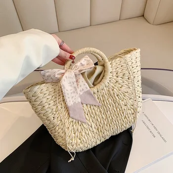 Дамски сламени чанти с голям капацитет, модни чанти-незабавни посланици, ежедневни дамски пътни чанти-тоут, висококачествени дамски плетени плажна чанта