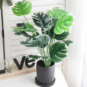 Луксозно изкуствено растение, Голям зелен лист костенурки, изкуствена палма, вечерни растение за дома, хол, тераси, украса за вашия десктоп на саксията, бонсай