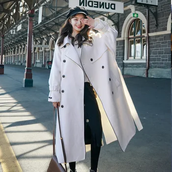 Herstory Корейска жена есенно-зимния двубортное дълга вълнена палта, дамски елегантен реколта свободна луксозен вълнена куртка над коляното