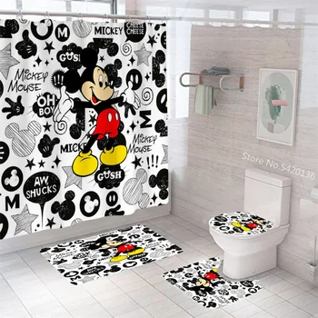 Завеса за душ с Мики и Мини Маус, килим, черно-бял калъф за тоалетната чиния, подложка за баня, комплект постелки за баня, коледен подарък за баня