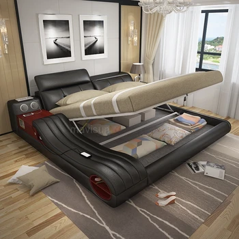 Модерна Проста Спалня от естествена кожа, двойно легло Queen-size