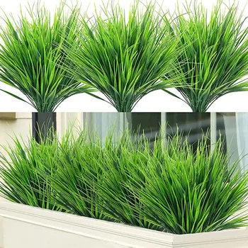7 вилици Изкуствени растения Зелена трева Пластмасово растение Изкуствена трева декор на работния плот билка за градината Декор на открито Фалшиви растения
