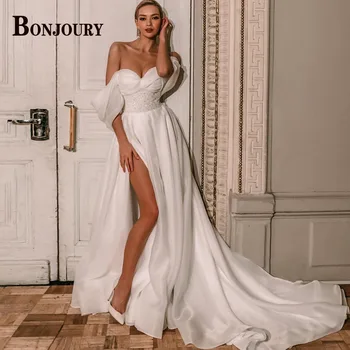 BONJOURY Приказно сватбени рокли Emy за жени, пайети 2023, булката рокля с цип, без презрамки, с цепка, Vestido De Новия, сшитое по поръчка