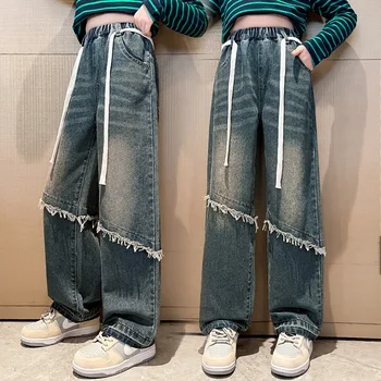 Модни градинска детски дрехи за тийнейджъри, пролетни ежедневни дънкови панталони с еластичен ластик на кръста, дънки с ръба на суровини за момичета 4-14 години