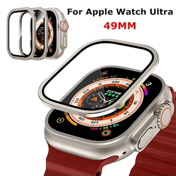 Метална броня + закалено стъкло за Apple Watch Ultra 49 мм, аксесоари, защитно фолио за екрана с пълно покритие за iWatch Ultra 49 мм