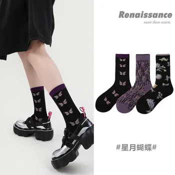 Дамски чорапи 2023, пролетната реколта чорапи с герои от анимационни филми, дамски памучни чорапи в клетката, шарени чорапи със средна дължина